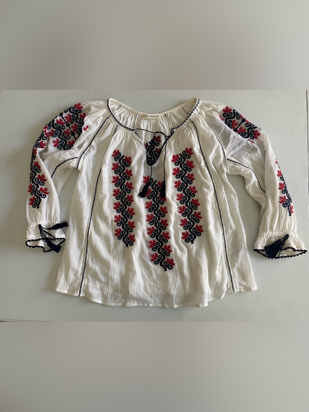 Ulla Johnson Embroidered Peasant Blouse Tassel Tie Size 4